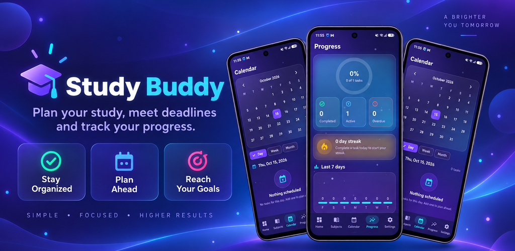 Study Buddy app promotional artwork with calendar and progress screens